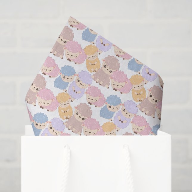Papier Mousseline mignon baby shower carrelé petits agneaux  (Sac cadeau)