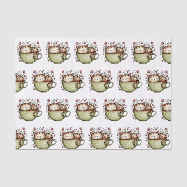 Papier Mousseline Mignon Chat Endormi Tasse Points Floraux (Recto)