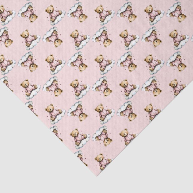 Papier Mousseline Mignon ours en peluche sur un nuage en pyjama rose (Détail)