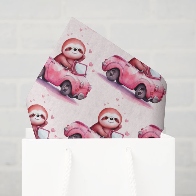 Papier Mousseline Mignon paresseux conduisant un motif de cabriolet  (Sac cadeau)