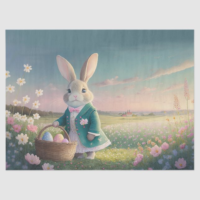 Papier Mousseline Mignonne lapin de Pâques en petite veste bleue (Recto)