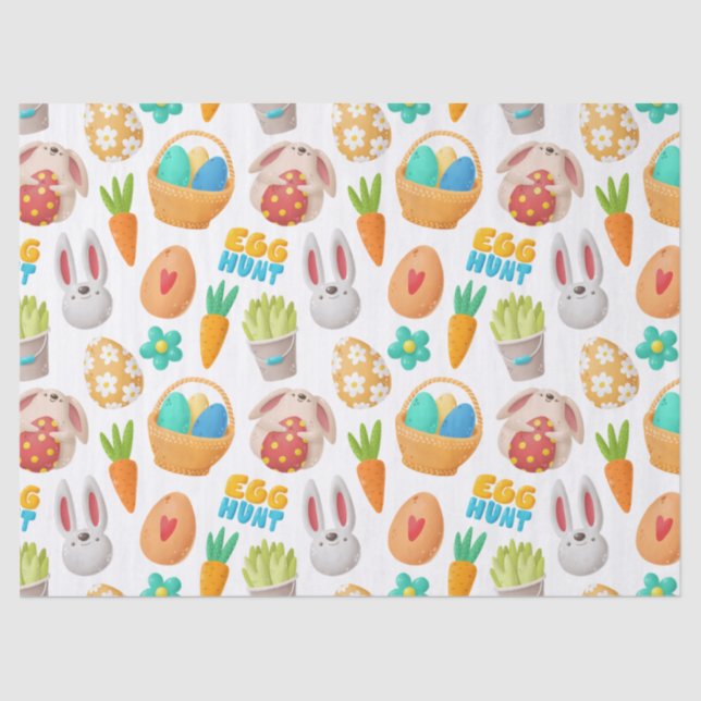 Papier Mousseline Mignonne lapin, Panier de Pâques et découpage d'oe (Recto)