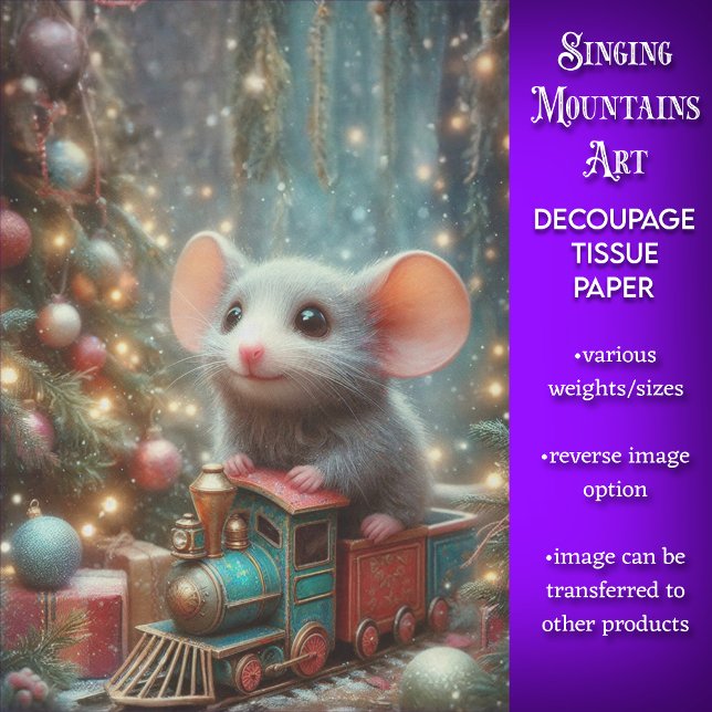 Papier Mousseline Mignonne Noël Souris Train Ride Decoupage (Créateur téléchargé)