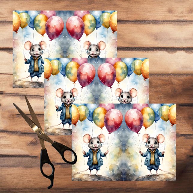 Papier Mousseline Mignonne souris avec ballons colorés, personnalisé (Créateur téléchargé)