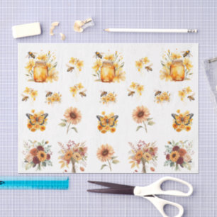 Papier Mousseline Mignons abeilles à miel et fleurs à l'aquarelle