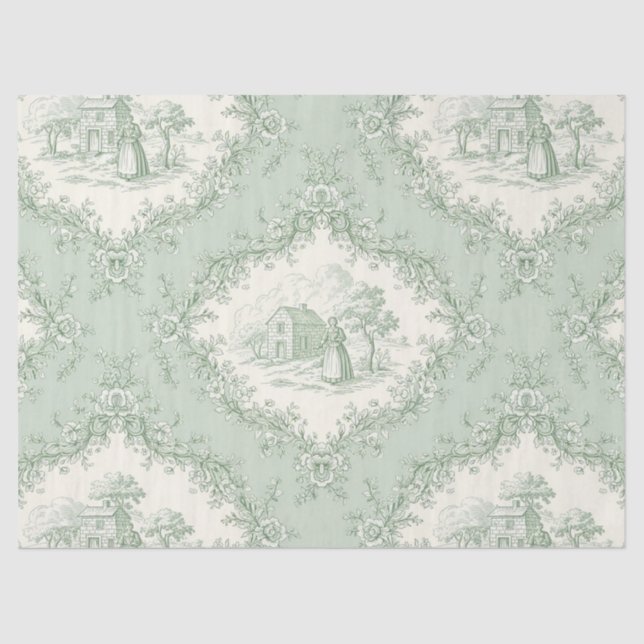 Papier Mousseline Mint Green French Country Floral Toile - Farmhouse (Recto)