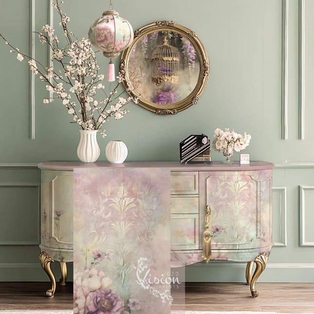 Papier Mousseline Mint Mauve Romance, Effet Embossé Damask (Mint Mauve Romance Baroque Embossed Effect Patterns, Peony & Hummingbird, Decoupage Tissue Paper)