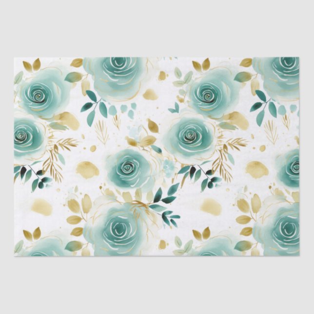 Papier Mousseline Mint Vert Blanc or Rose Floral (Recto)