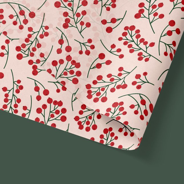 Papier Mousseline Mistletoe botanique des baies rouges Noël (mistletoe red berries Christmas pattern in pink and red - tissue paper transparency)