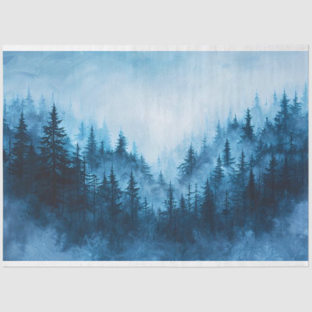 Papier Mousseline Misty Forest Blue Green Pine Trees Découpage (Recto)