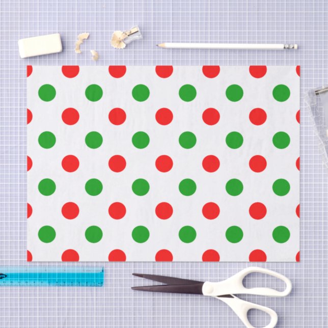 Papier Mousseline Modèle à pois blancs rouges et verts  (Artisanat)