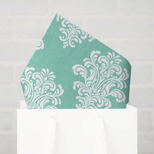 Papier Mousseline Modèle Damas blanc sur Aqua