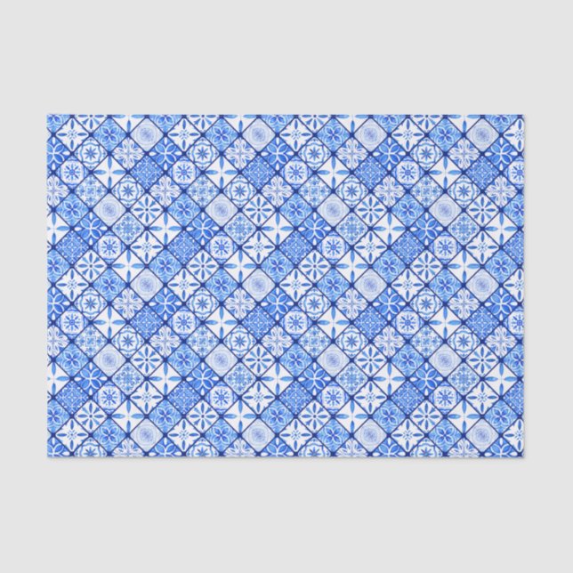 Papier Mousseline Modèle de carreaux italiens méditerranéens bleu et (Recto)