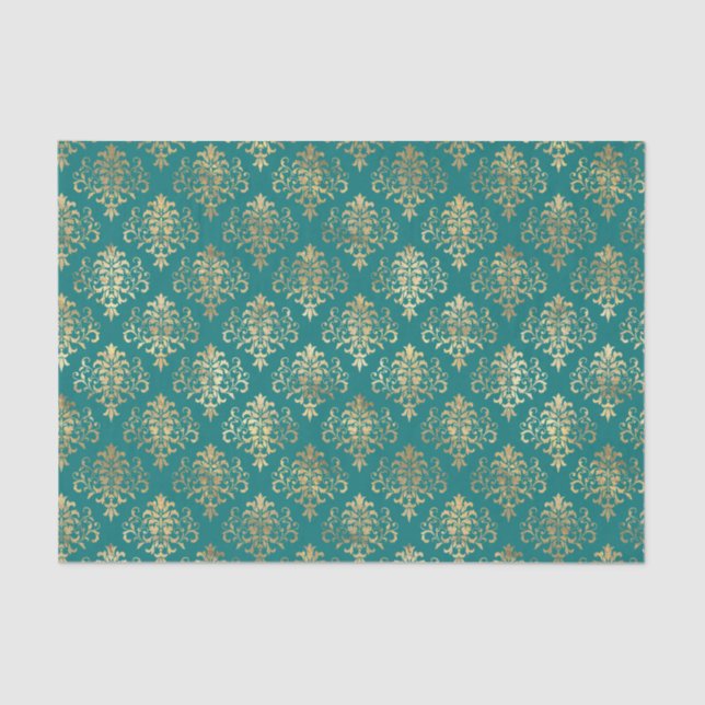 Papier Mousseline Modèle de Damas turquoise et Gold Foil (Recto)