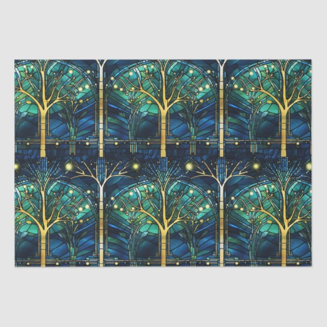 Papier Mousseline Modèle de vitrail en arbre céleste vert émeraude (Recto)