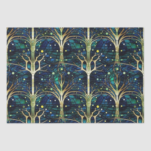 Papier Mousseline Modèle de vitrail en arbre céleste vert émeraude (Recto)