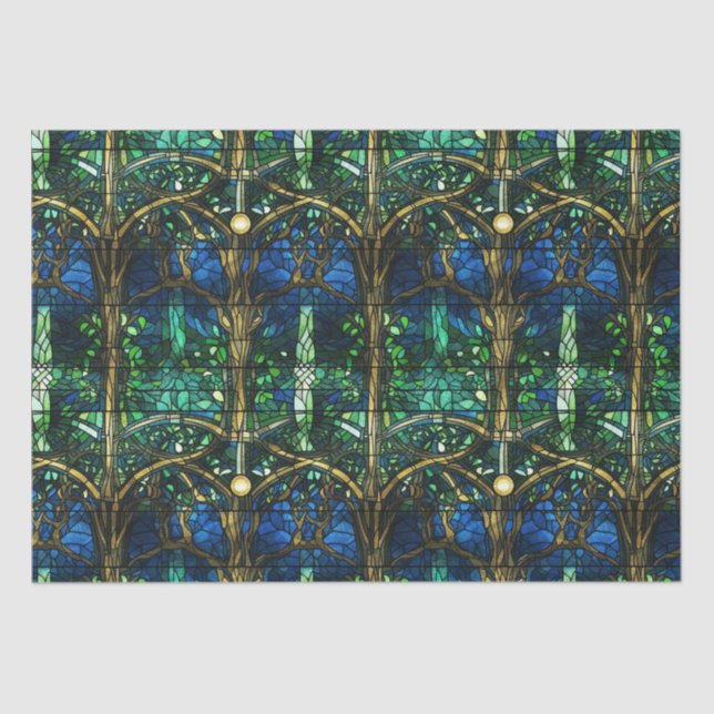 Papier Mousseline Modèle de vitrail en arbre céleste vert émeraude (Recto)
