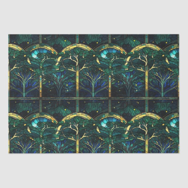 Papier Mousseline Modèle de vitrail en arbre céleste vert émeraude (Recto)