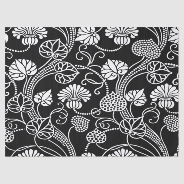 Papier Mousseline Modèle floral antique noir sur blanc (Recto)
