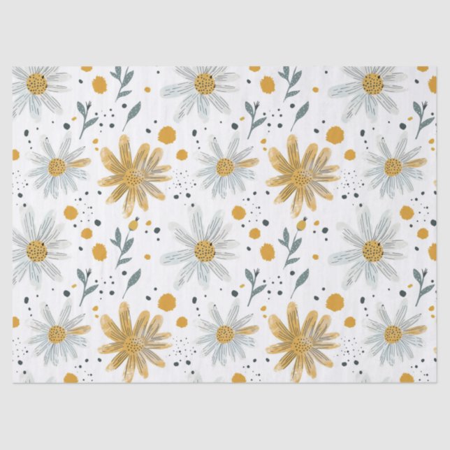 Papier Mousseline Modèle floral blanc et jaune (Recto)