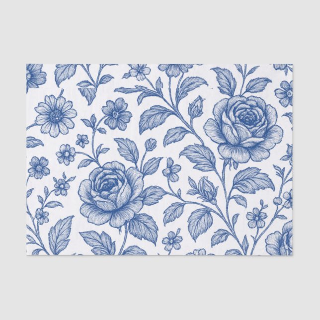Papier Mousseline Modèle Floral Royal Bleu Rose (Recto)