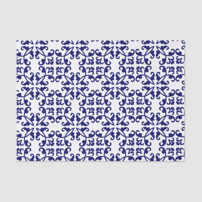 Papier Mousseline Modèle Royal bleu et blanc Damask      (Recto)