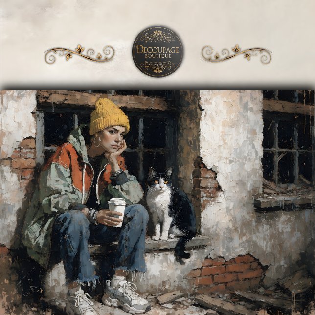 Papier Mousseline Modern Girl with Cat Urban Decoupage (Modern Girl with Cat Urban Decoupage)