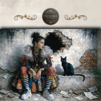 Papier Mousseline Modern Woman and Black Cat Decoupage