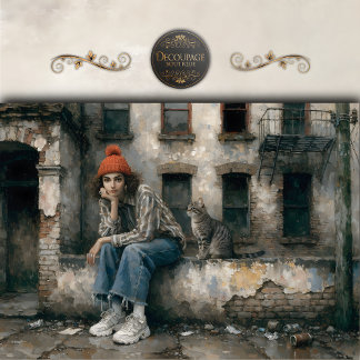 Papier Mousseline Modern Woman with Cat Urban Decoupage