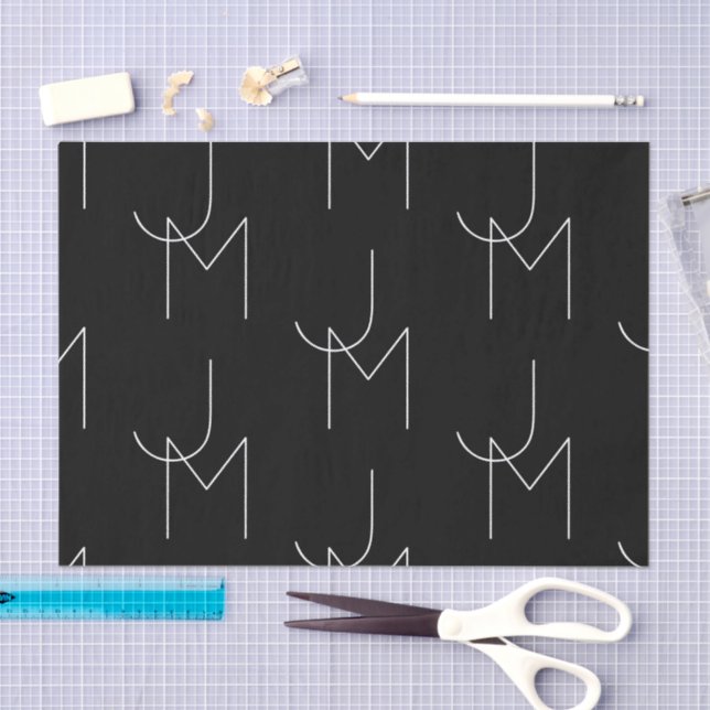 Papier Mousseline Moderne 2 Initiales Motif | Noir & Blanc (Artisanat)