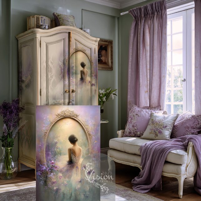 Papier Mousseline Moments délicats Ballerine Jardin d'iris lavande (Ballerina print leaning against sage painted armoire lavender French bedroom chair)