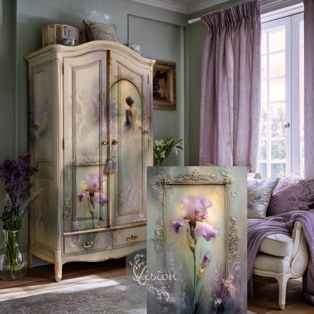 Papier Mousseline Moments délicats Iris violet Cadre orné doré (Iris print leaning against vintage sage painted armoire lavender French bedroom setting)