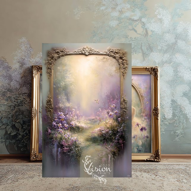 Papier Mousseline Moments délicats Jardin de lavande Colibri (Hummingbird Garden Print in front of gold ornate frames and botanical wall mural on a rug
)