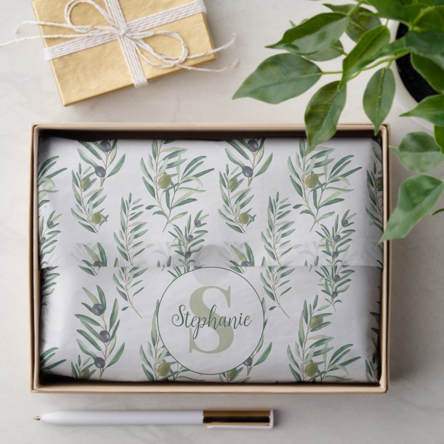 Papier Mousseline Monogramme au nom de branches d'olivier à l'aquare (Cadeau)