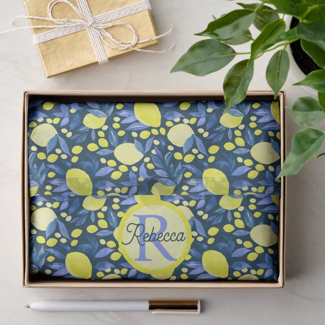 Papier Mousseline Monogramme Chic Nom Rustique Citron Citrons Feuill (Cadeau)