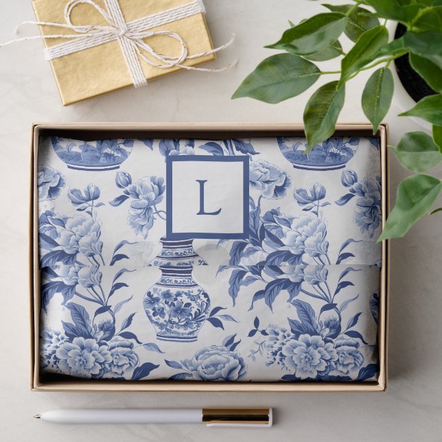 Papier Mousseline Monogramme chinoiserie bleue  (Cadeau)
