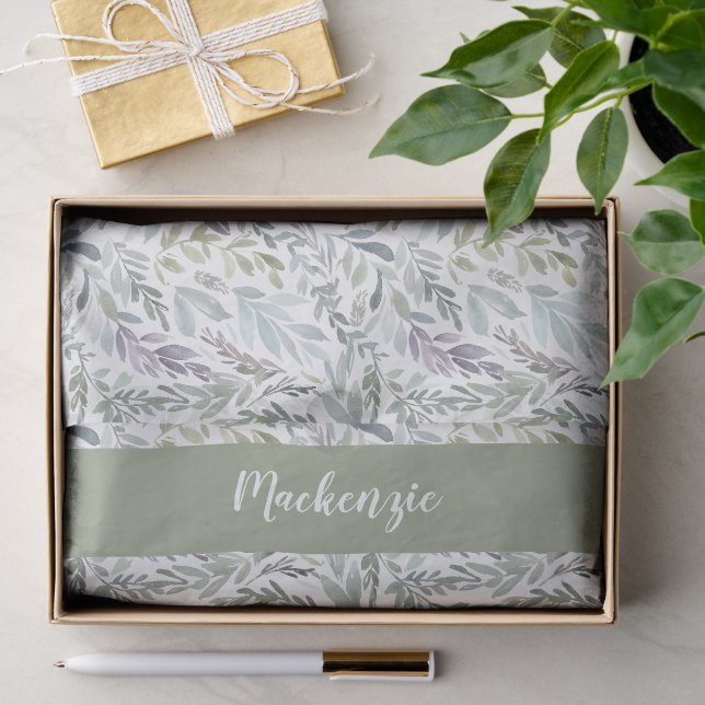 Papier Mousseline Monogramme de nom aquarelle botanique bleu vert (Cadeau)