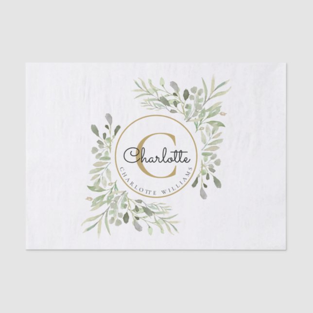 Papier Mousseline Monogramme de nom de verdure d'aquarelle élégante (Recto)