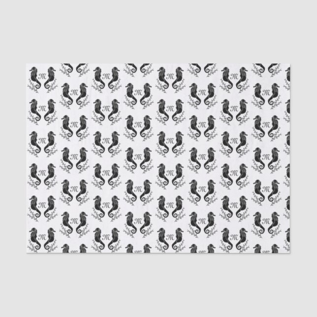Papier Mousseline Monogramme de silhouette de cheval de mer noir (Recto)