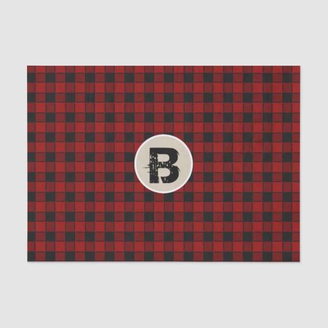 Papier Mousseline Monogramme Initial Grunge Damier Noir et Rouge (Recto)