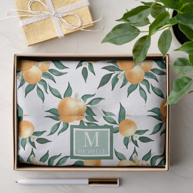 Papier Mousseline Monogramme Nom Aquarelle Citron Orange (Cadeau)