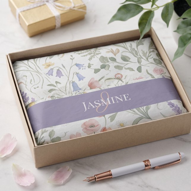 Papier Mousseline Monogramme Nom Fleur Sauvage Boho Lavande Coquelic (Créateur téléchargé)