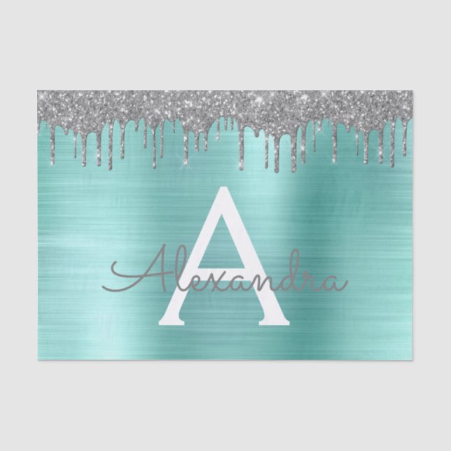 Papier Mousseline Monogramme Nom Métal Brossé Paillettes Sarcelle Ar (Recto)