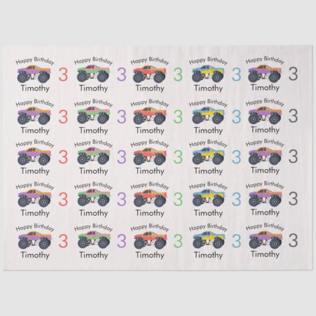 Papier Mousseline Monster Trucks Nom et âge du garçon Anniversaire (Recto)