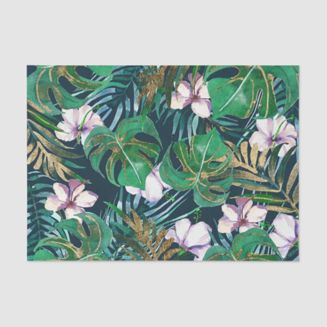 Papier Mousseline Monstre d'or Tropical Green Lilac Feuilles Floral (Recto)