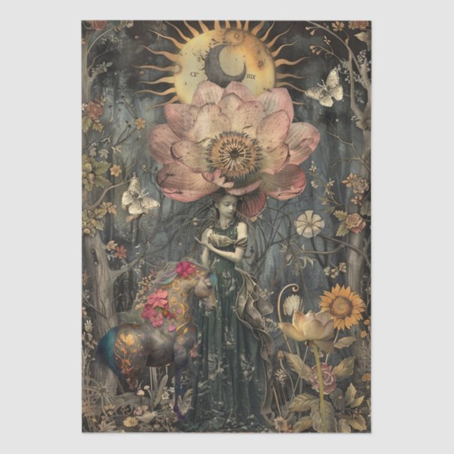 Papier Mousseline Moody Dark Rustic Fantasy Garden Girl Decoupage  (Recto)