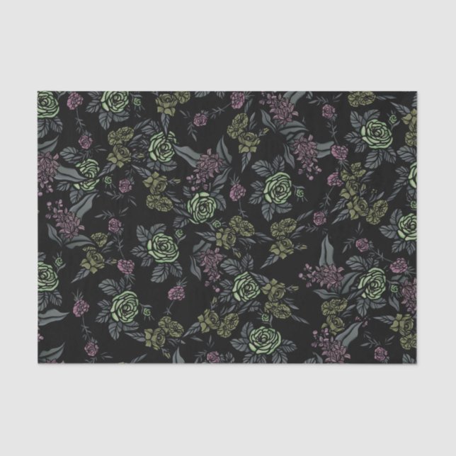 Papier Mousseline Moody Floral Flowers Motif Greens et Mauve (Recto)