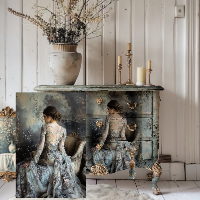 Papier Mousseline Moody Grays Ethereal Portrait Élégante Femme (Dark Moody Romantic, Elegant Woman's Back Portrait Art, Decoupage Tissue Paper)