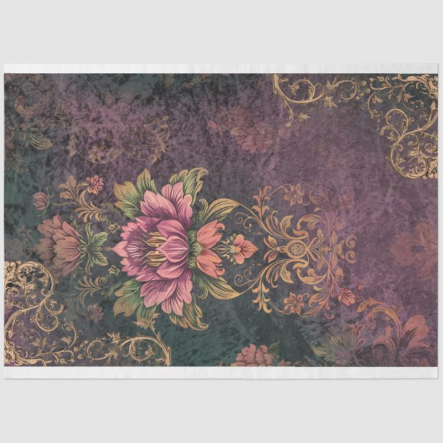 Papier Mousseline Moody Purple & Green Motif & Flower decoupage (Recto)