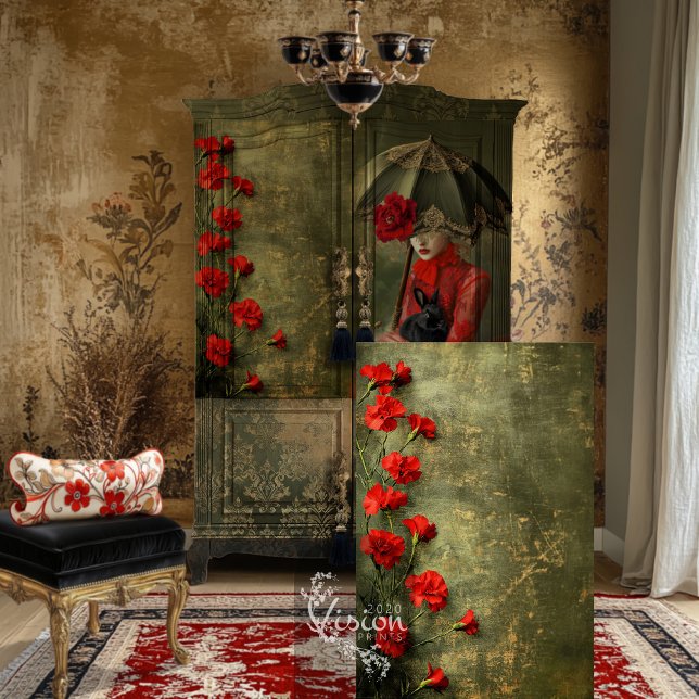 Papier Mousseline Moody Romantic Scarlet Carnations Green Patina (Moody Romantic Scarlet Carnations and Green Patina, Decoupage Tissue paper.)